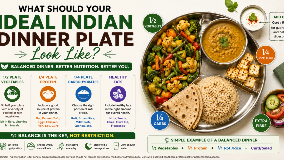 Ideal Indian dinner plate with vegetables protein roti and healthy foods